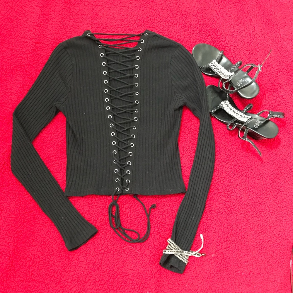 Lush Black Lace-Up Crop Sweater
